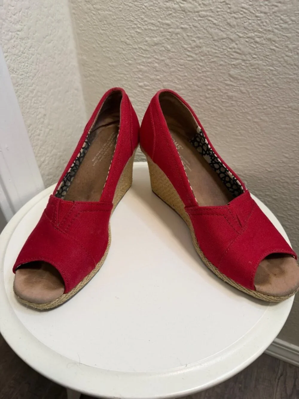 Toms Red Canvas Peep-Toe Wedge Heels Womens Size 9M Espadrille Style
